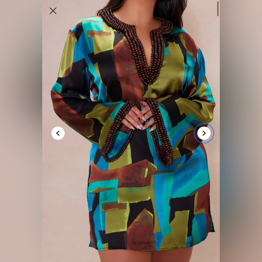 Nova Luxe Dylan Satin Kaftan Mini Dress - Blue/combo size Medium Beaded - Picture 7 of 14